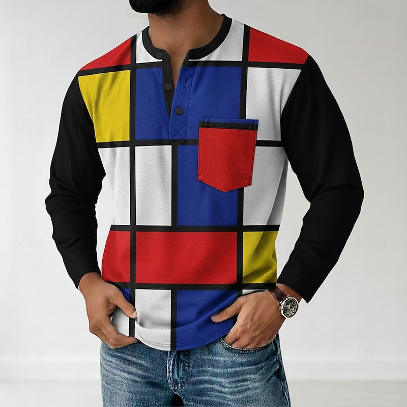 Men's Geometric Henley Shirt T shirt Tee Long Sleeve Retro Vintage Casual Casual Spring Fall Black White Blue Red Henley Henley T-Shirt2