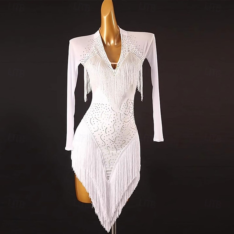 Women's Latin Competition Dance Dress Ballroom Outfits Tassel Long Sleeve Salsa Ballroom Costume Shiny Dress for Rumba3