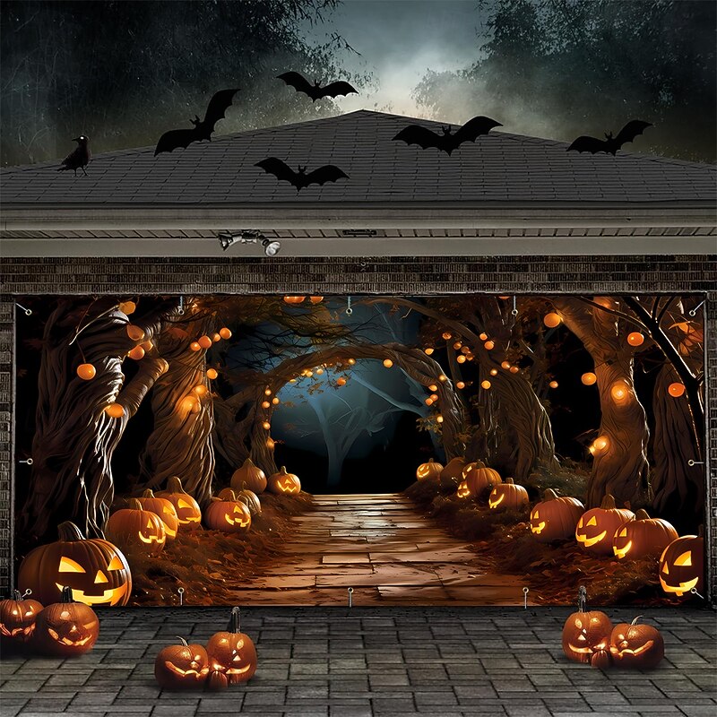 Halloween Tapestry Garage Door Cover Large Hanging Backdrop Pumpkin Cemetery Dark Punk Gothic Style Party Outdoor Shooting Backgrounds Yard Haunted House Home Decor2