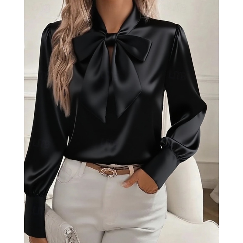 Women's Shirt Elegant Dressy Satin Plain Elegant Stylish Long Sleeve V Neck Regular Tops Work Holiday Going out Bow Black White Pink Khaki Spring Fall