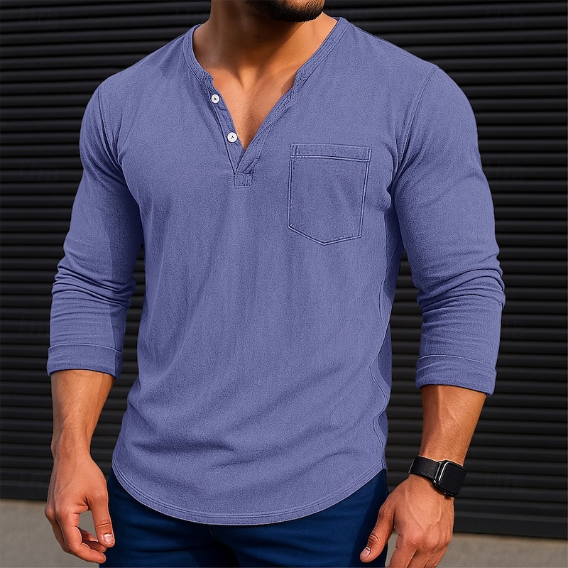 Men's Henley Shirt Long Sleeve Henley Spring Fall All Seasons Solid Color Retro Vintage Casual Pocket School Training Outdoor Blue Green Purple Top Tee for Men