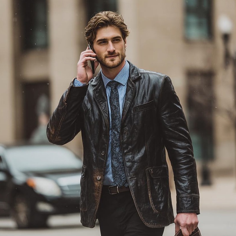 Men Faux Leather Jacket Casual Classic Fall Winter Leather Solid Color Single Breasted One-button Blazer Black Burgundy