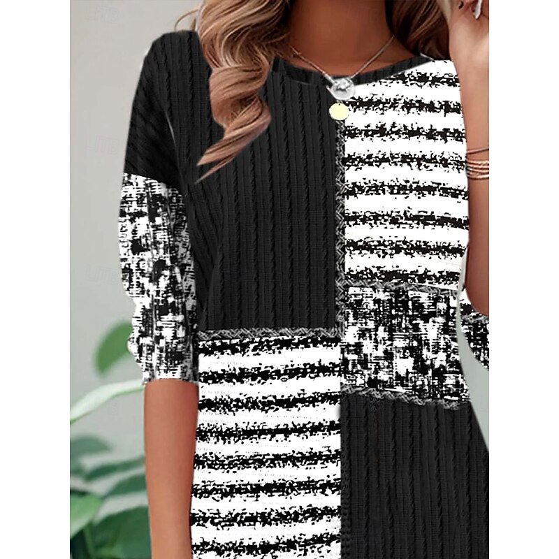 Women's T Shirt Graphic Geometric Color Block Vintage Stylish Classic Long Sleeve Crew Neck Round Neck Regular Tops Daily Print Black Spring Fall Winter2