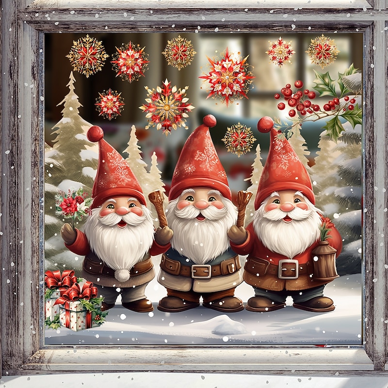 Christmas Sticker Wall Decals Cartoon Creative Gnome Snowflake Gift Box Removable Vinyl Mural Holiday Party Glass Window Door Background Decoration For Home