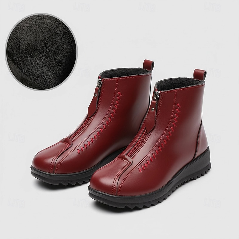 Women's Burgundy Faux Leather Ankle Boots, Double Zipper & Fleece Lined for Cozy Winter Warmth, Non - Slip Sole for All - Day Comfort2