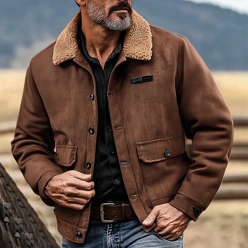 Men's Faux Suede Jacket Winter Jacket Fleece Jacket Casual Jacket Vacation Daily Thermal Warm Pocket Fleece Fall Winter Plain Fashion Streetwear Lapel Regular Black Dark Gray Coffee Jacket