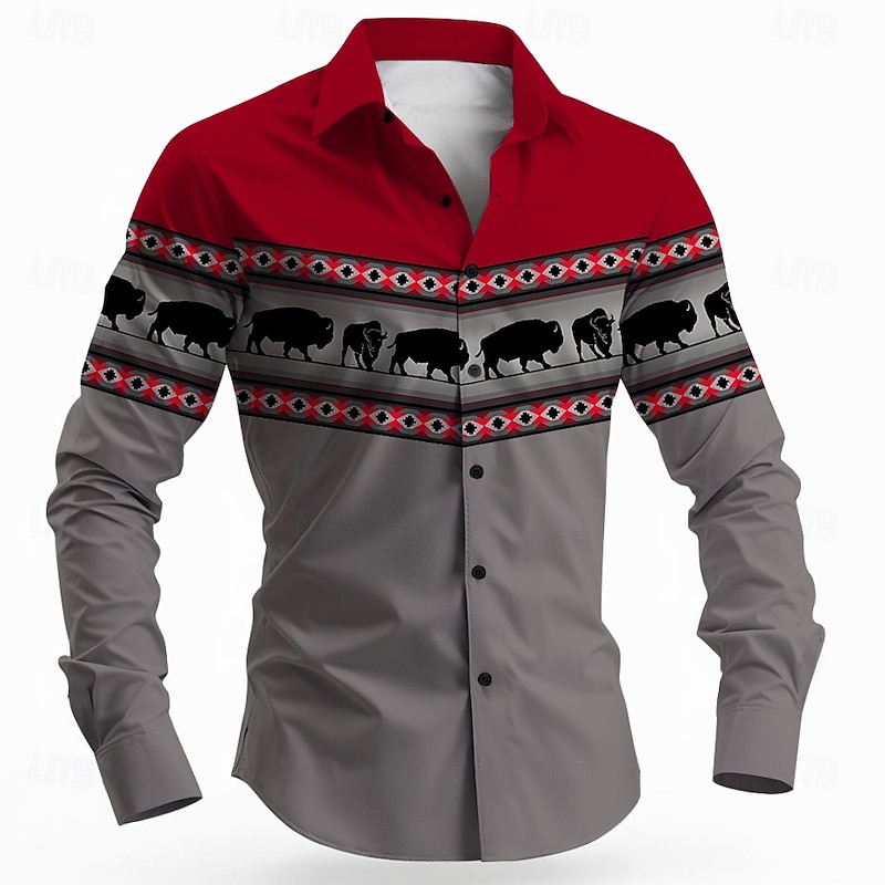 Men's Aztec Bull Ethnic Shirt Button Up Shirt Long Sleeve Vintage Retro Outdoor Casual Spring Fall Turndown 3D Print Collared Shirts Red Green Gray