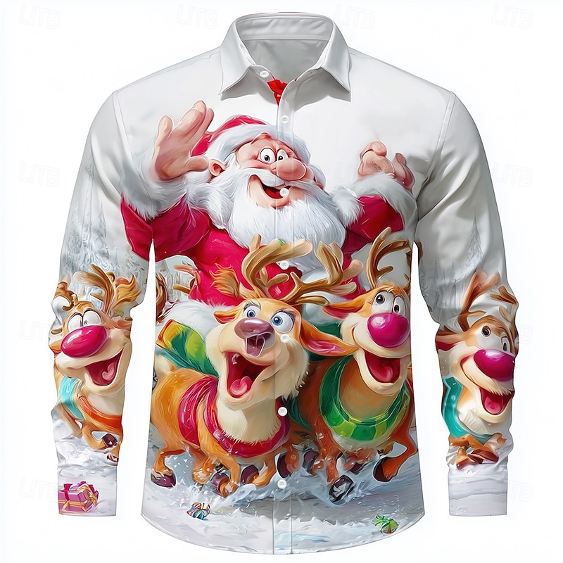 Christmas Men's Cartoon Santa Claus Reindeer Shirt Button Up Shirt Long Sleeve Funny Outdoor Holiday Spring Fall Turndown 3D Print Collared Shirts White 1 White2