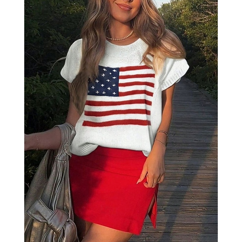 Women's Sweater Pullover Fashion Casual Graphic Ribbed Crew Neck Knitted Short Sleeves Regular Tops Knit Outdoor Daily Weekend White Summer Spring3