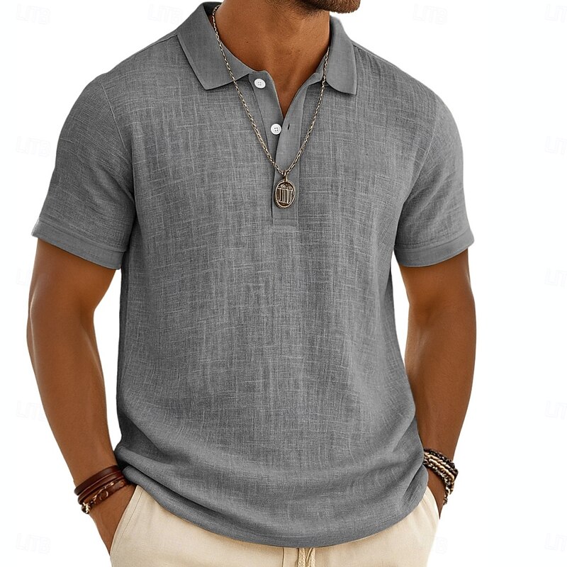 Men's Linen Shirt Polo Shirts Vacation Casual Classic Short Sleeve Fashion Solid Color Buttons Summer Spring Regular Fit Black White Light Green Gray Navy Blue Khaki Linen Shirt3