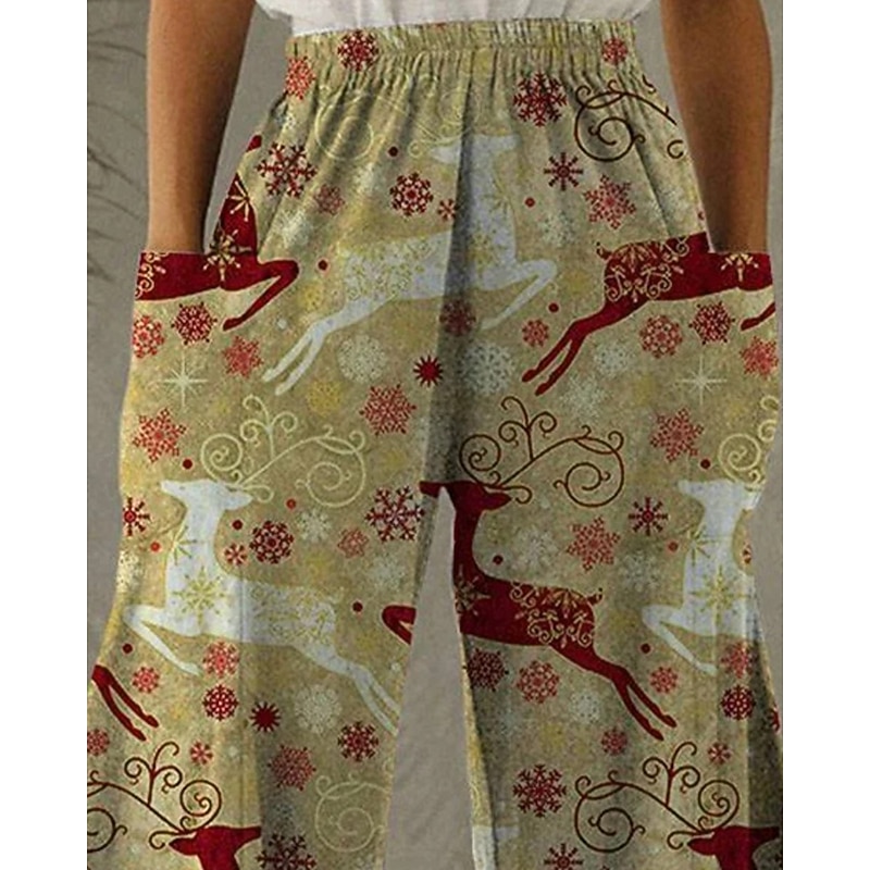 Women's Wide Leg Pants Trousers Vacation Vintage Ethnic Style Full Length High WaistPantsChristmas Reindeer Pocket Elastic Waistband Print Comfy Breathability Inelastic Vacation Casual Daily Khaki2