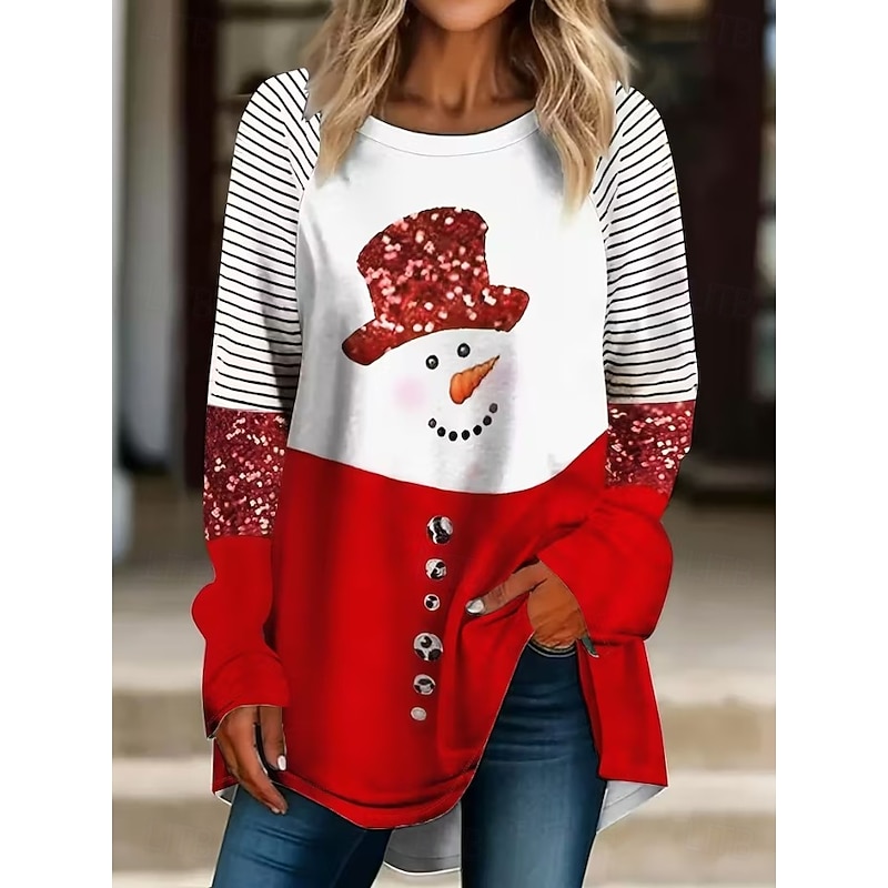 Christmas Women's T Shirt Graphic Snowman Vintage Stylish Classic Long Sleeve Crew Neck Round Neck Regular Tops Daily Going out Weekend Print White Red Spring Fall Winter