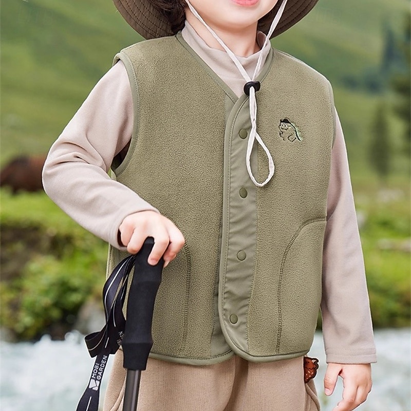 Kids Unisex Vest Coat Outerwear Solid Color Sleeveless Pocket Buttons Keep Warm Soft Breathable Coat Outdoor Fashion Daily Brown Green Khaki Fall Winter 4 years+3