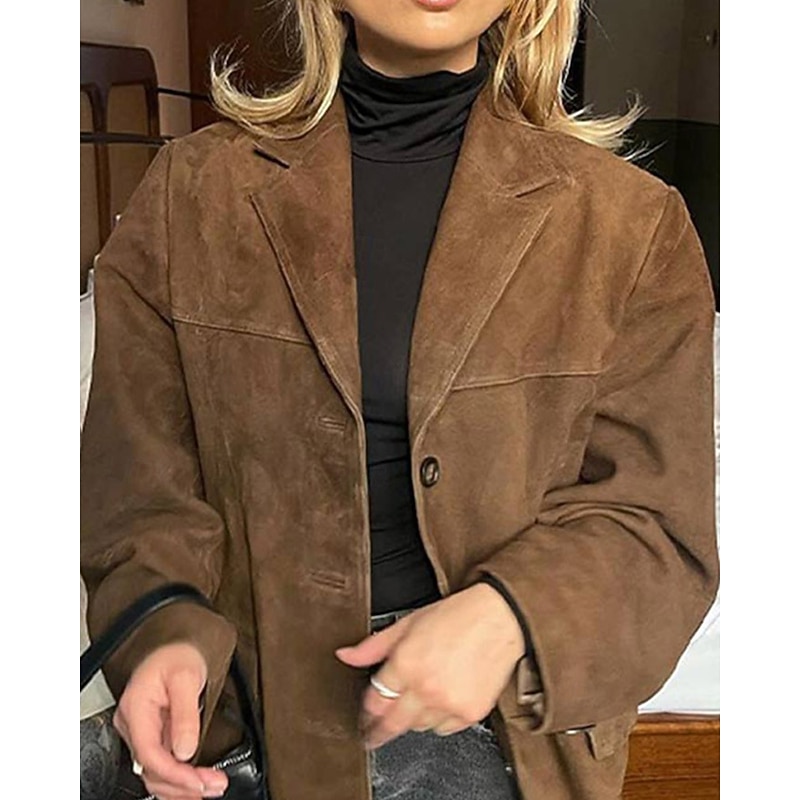 Women's Blazer Warm Comfortable Pocket Buttons Vintage Plain Vacation Daily Wear Going out Weekend Regular Turndown Regular Fit Long Sleeve Outerwear Brown Fall Winter