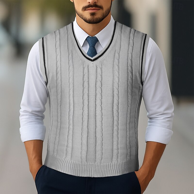 Men's Sweater Sweater Vest Pullover Sweater Jumper Cable Knit Regular Tops Knitted Slim Fit Geometric V Neck Knitwear Contemporary Casual Daily Wear Clothing Apparel Winter Spring &  Fall Wine Black2