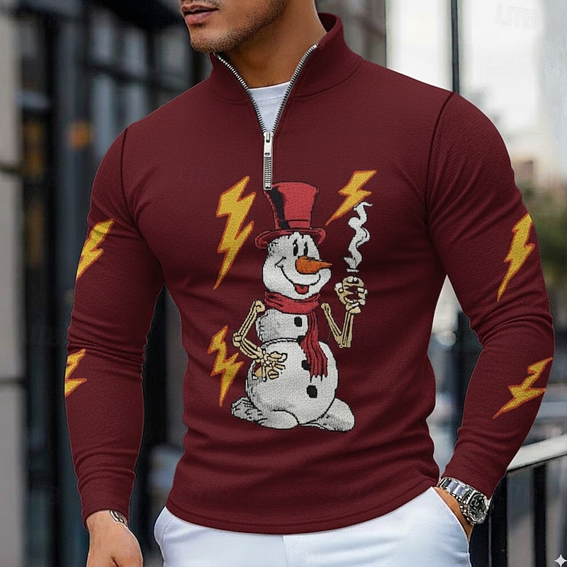 Christmas Men's Snowman Novelty Polo Long Sleeve Polo Shirts Grandad Collar Casual Holiday Daily Wear Festival Outfit 3D Print Quarter Zip Polo Spring Fall Winter Red Green