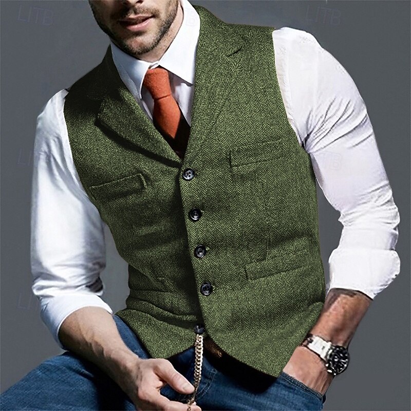 Men's Vest Waistcoat Gilet Vacation Party Business Fashion Casual Spring Fall Pocket Buttons Polyester Comfortable Plain Single Breasted One-button Lapel Regular Fit Light Coffee Black Green Light