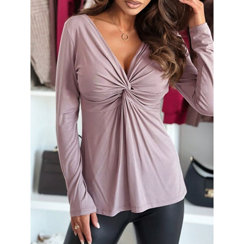 Women's Blouse Solid Color Elegant Stylish Basic Long Sleeve V Neck Regular Tops Daily Ruched Black Light Purple Purple Fuchsia Spring Fall3