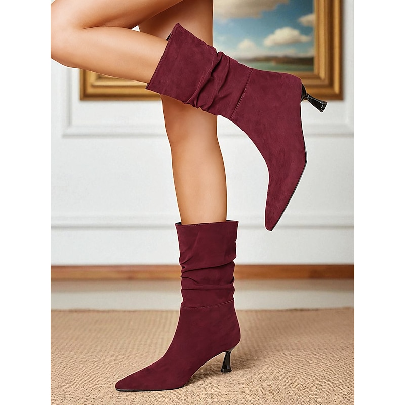 Women's Burgundy Suede Kitten Heel Boots with Ruched Design and Tied Accent – Stylish Fall and Winter Fashion for Casual and Semi-Formal Occasions