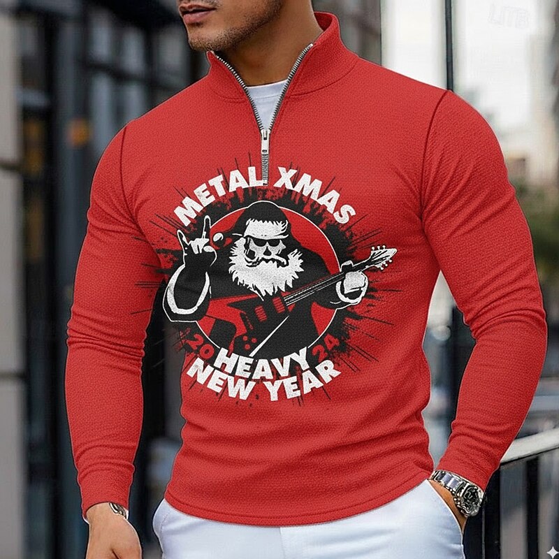 Christmas Men's Christmas Pattern Polo Long Sleeve Polo Shirts Grandad Collar Casual Holiday Daily Wear Festival Outfit 3D Print Quarter Zip Polo Spring Fall Winter Black Red Green3