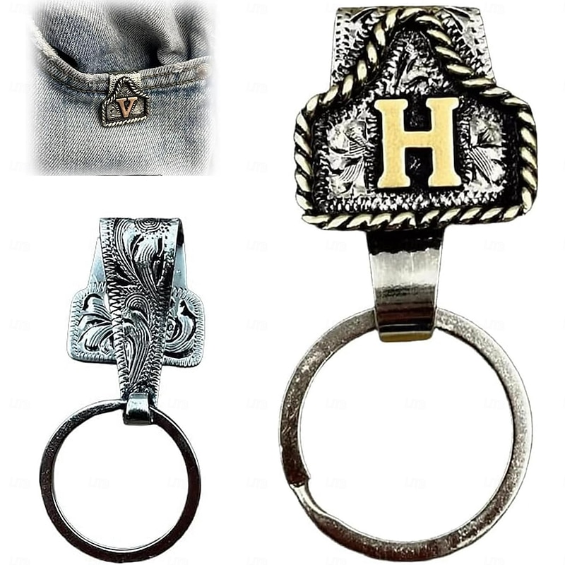 Handmade Cow Tag Belt Key Holder with Copper Initial Custom Made Texas Western Cowboy Letter Keychain, Vintage A-Z Metal Keychain for Men & Women, Fashion Jewelry Accessories