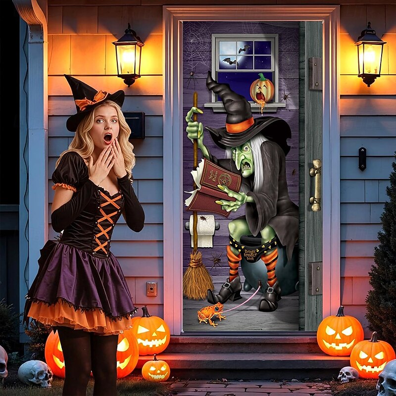 Halloween Door Cover Outdoor Banners Skeleton Witch 3D Dark Punk Gothic Style Party Outdoor Shooting Backgrounds Front Door Wall Porch Home Decor
