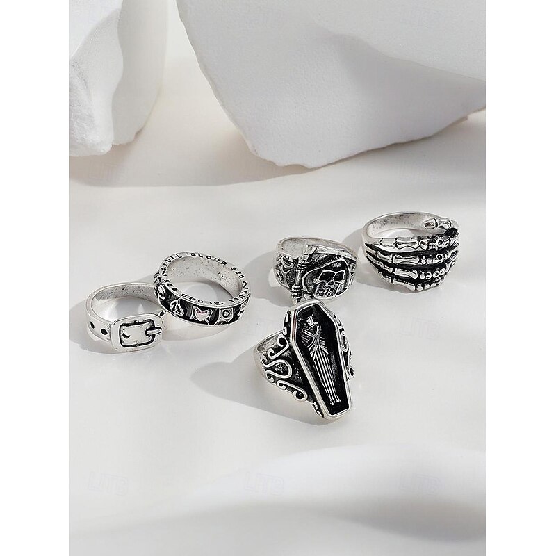 Women's Halloween Gothic Alloy Ring Set, Vintage Punk Style Skull Coffin Skeleton Adjustable Rings Jewelry for Costume Parties and Cosplay4