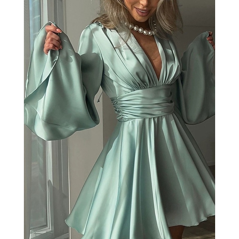 Women's Mini Dress Cocktail Dress Satin Dress Slip Dress Elegant Fashion Modern Outdoor Party Party Evening Wear Slim Plain Long Sleeve V Neck Black White Dusty Blue Brown Spring Autumn - Main Image