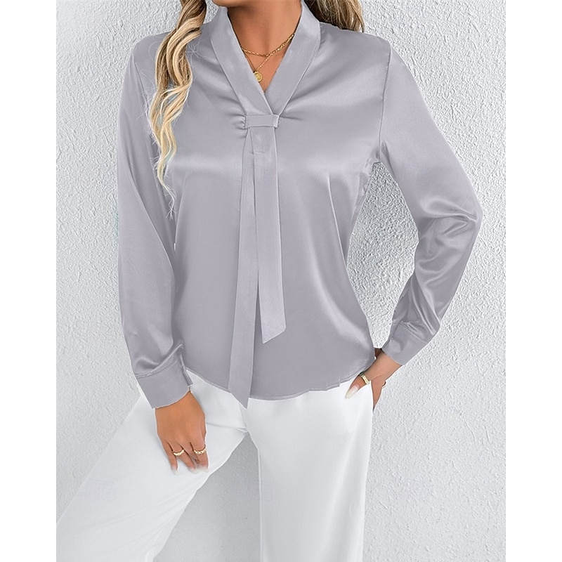 Women's Shirt Elegant Dressy Satin Solid Color Stylish Casual Long Sleeve V Neck Regular Tops Daily Going out Tie Front Green Light Grey Spring Fall