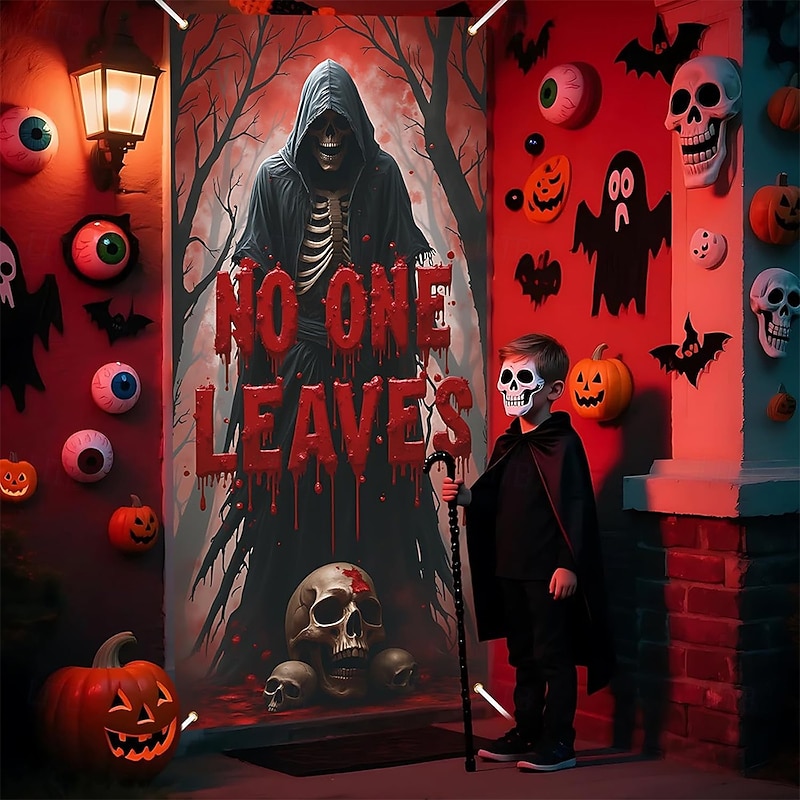 Halloween Door Cover Outdoor Banners Skeleton Grim Reaper 3D Dark Punk Gothic Style Party Outdoor Shooting Backgrounds Front Door Wall Porch Home Decor