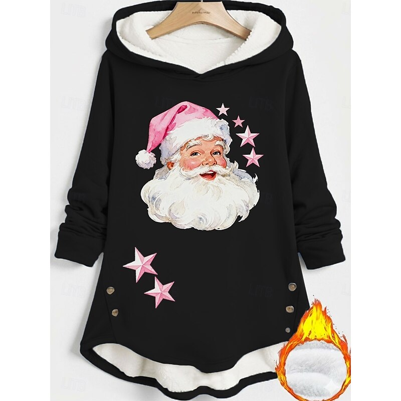 Women's Pullover Hoodie Sweatshirt Santa Claus Warm Casual Long Sleeve Hooded Long Tops Street Dailywear Holiday Buttons Print Black Dark Pink Blue Fall Winter