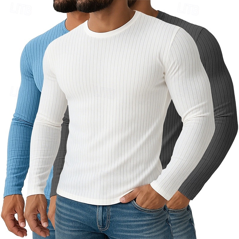Men's T Shirt Muscle Shirt Ribbed Knit tee Tee Top Long Sleeve Crew Neck Spring Fall All Seasons Plain Textured Pit Strip Fashion Designer Basic 2 Piece Knitting Vacation Street Casual2