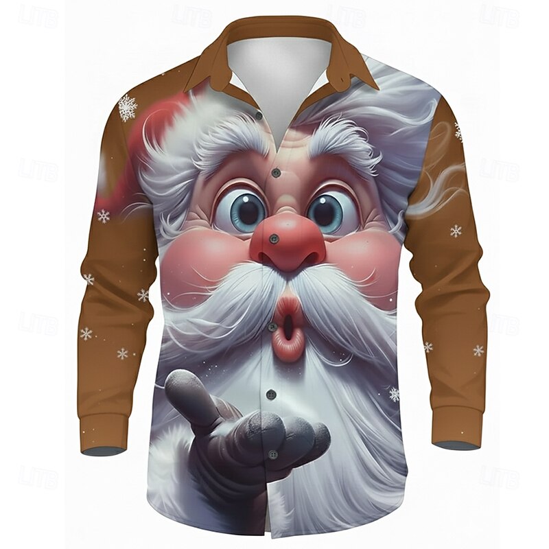 Christmas Men's Santa Claus 3D Cartoon Smile Face Shirt Button Up Shirt Long Sleeve Funny Outdoor Holiday Spring Fall Turndown 3D Print Collared Shirts Red Blue Brown Green Gray4