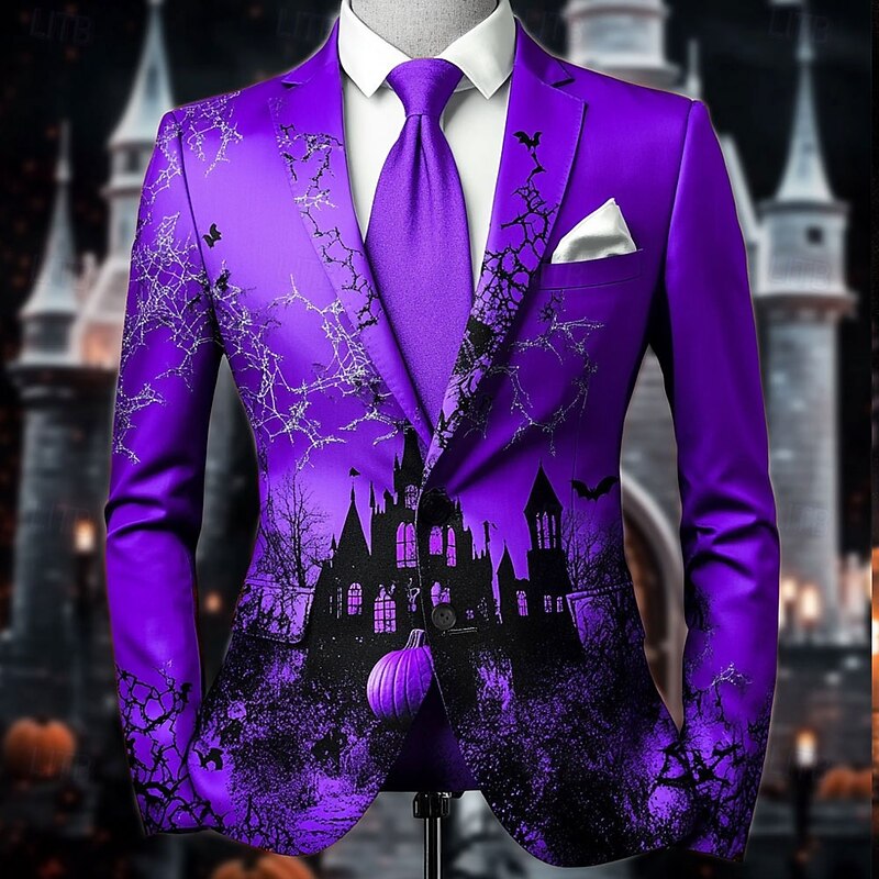 Men's Pumpkin Castle Blazer Jacket Comfortable Artistic Casual Party Evening Wear Daily Festival 3D Print Buttons Multi Pocket Spring Fall & Winter Notch Long Sleeve Red Purple Orange3