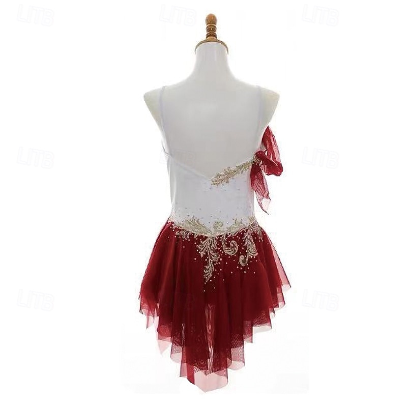 Figure Skating Dress Women's Girls' Ice Skating Dress Burgundy Patchwork Thumbhole Mesh Spandex Stretchy Training Practice Professional Skating Wear Thermal Warm Crystal / Rhinestone Long Sleeve Ice2