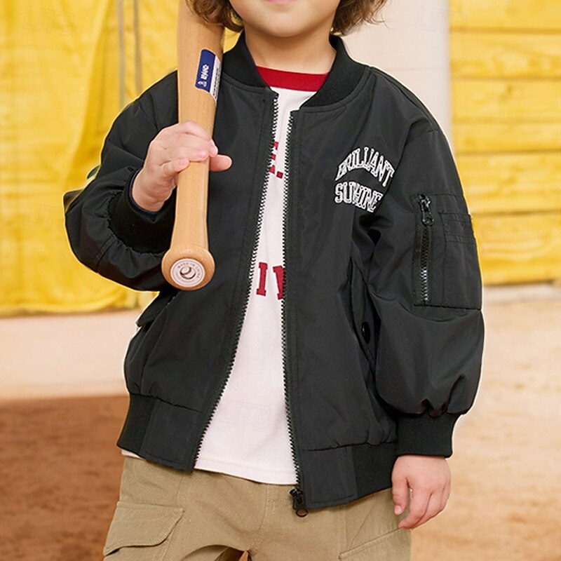 Kids Unisex Baseball Jackets Outerwear Letter Long Sleeve Zipper Pocket Comfort Soft Coat Outdoor Fashion Daily Black Green Spring Fall 4 years+