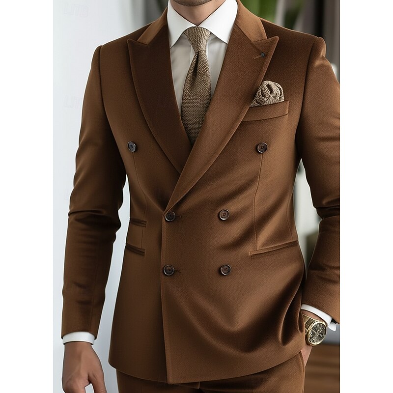 Men's Wedding Party Business Velvet Suits Notch Lapel Black Brown Formal Solid Colored Tailored Fit 2 Piece Double Breasted Six-buttons3