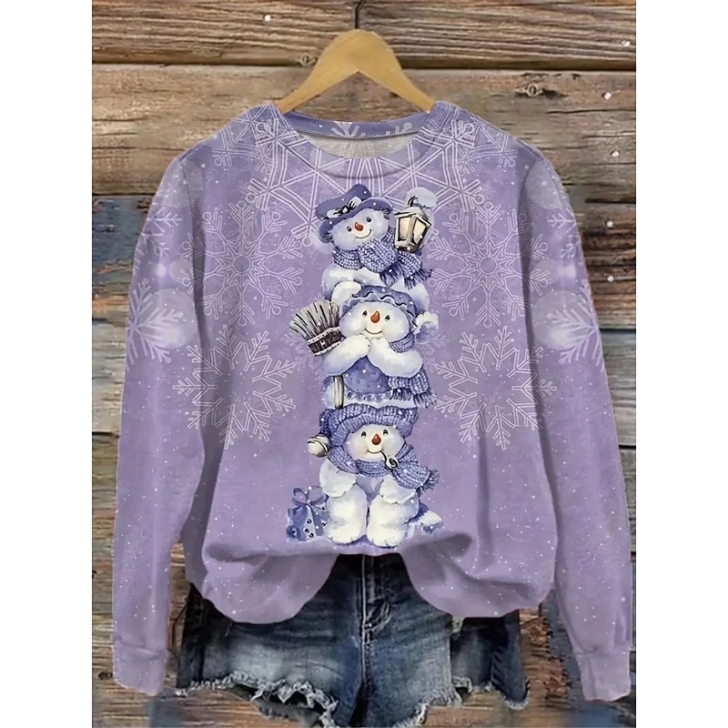 Women's Pullover Sweatshirt Graphic Santa Claus Snowman Fashion Casual Long Sleeve Crew Neck Regular Tops Street Dailywear Casual Print Light Purple Purple Brown Gray Fall Winter