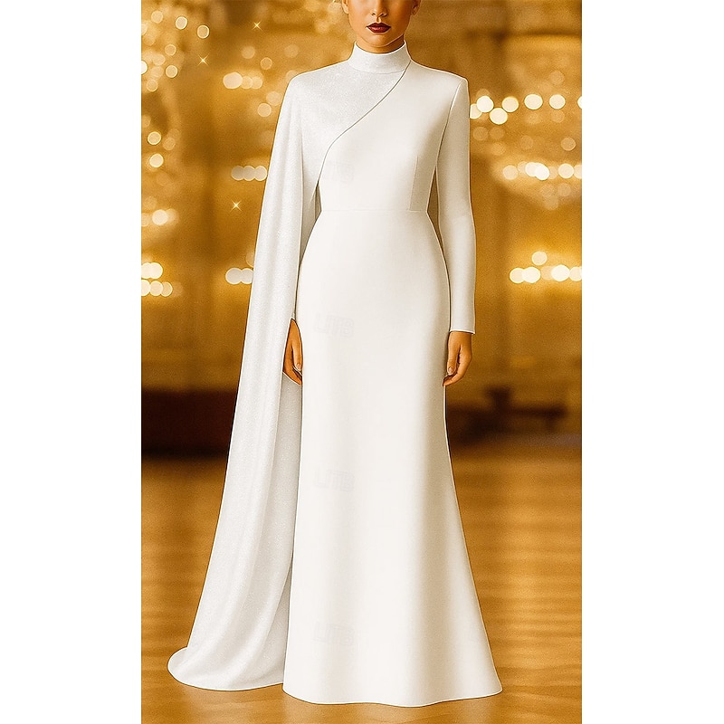 Black Tie A-Line Cape Dress Evening Gown Elegant Dress Stretch Crepe Formal Wedding Sweep / Brush Train Long Sleeve High Neck Sequined with Pleats 20254