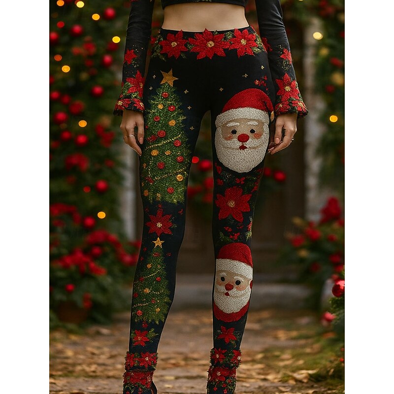 Women's Leggings Vacation Vintage Ethnic Style Full Length High WaistPantsUgly Christmas Graphic Santa Claus Christmas 3D Print Novelty Quick Dry Breathability Soft Stretchy Outdoor Home Causal Black2