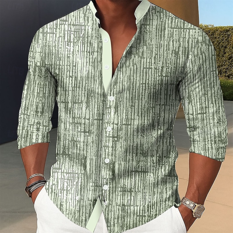 Men's Stripes Geometric Pattern Shirt Stand Collar Shirt Long Sleeve Vintage Retro Dailywear Holiday Spring Fall Mandarin Collar Band Collar 3D Print Button Up Shirts Blue Brown Green Gray4