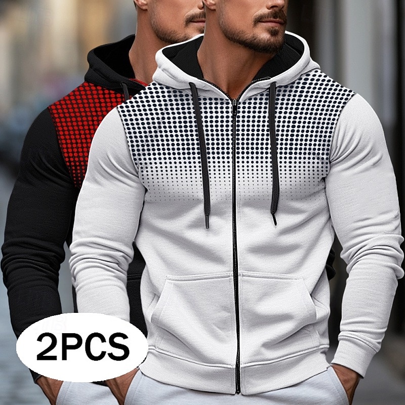 Men's Hoodie Full Zip Hoodie Fleece Hoodie White+Red Red+Gray White+Black White+Gray Black+Gray Hooded Polka Dot Plain Zipper Color Block Sports & Outdoor Casual Daily Streetwear Cool Sportswear