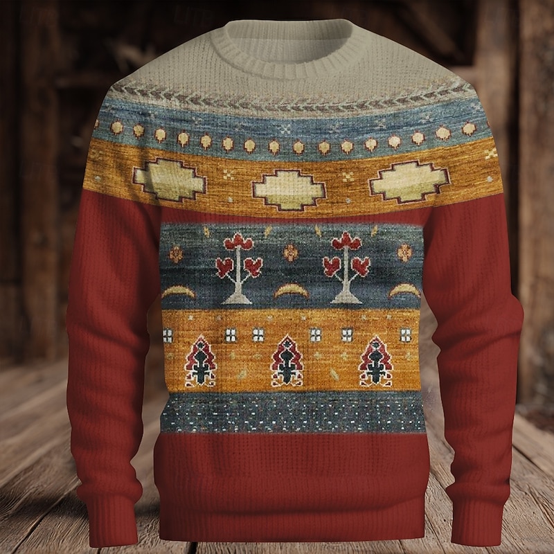 Christmas Men's Fair isle Sweater Pullover Sweater Jumper Knitwear Crewneck Casual Vacation Daily 3D Print Keep Warm Long Sleeve Spring Fall Winter Yellow Red Blue