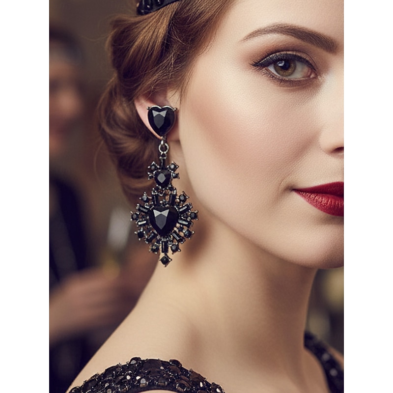 Women's Vintage Black Crystal Drop Earrings - Gatsby Inspired Statement Jewelry for Retro Ballroom Dance & 1920s Party Outfits