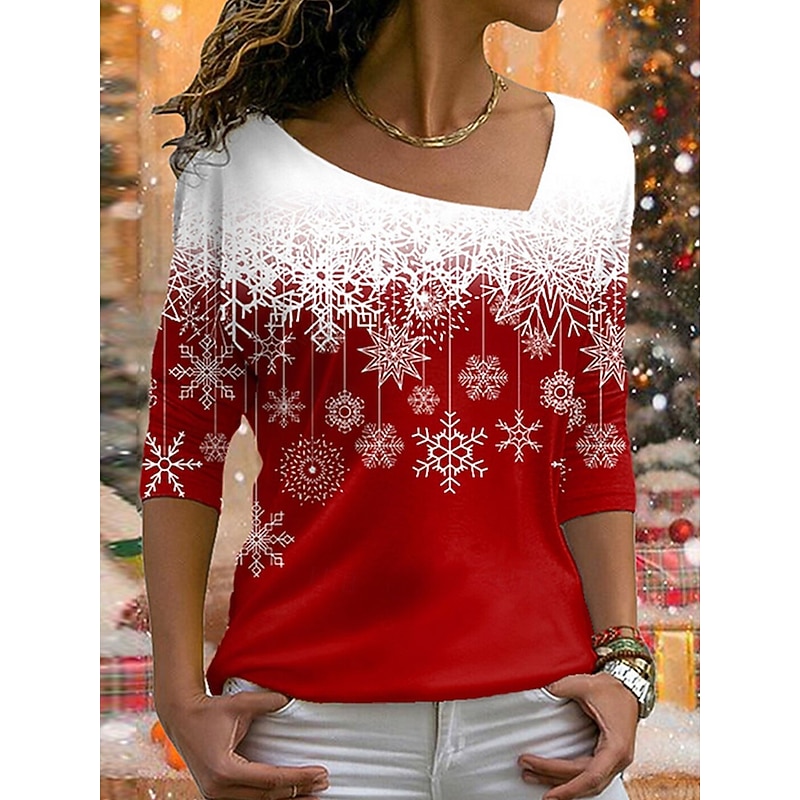 Christmas Women's T Shirt Graphic Snowflake Vintage Stylish Basic Long Sleeve V Neck Regular Tops Weekend Print Asymmetrical Red Blue Purple Orange Green Winter Spring, Fall, Winter, Summer