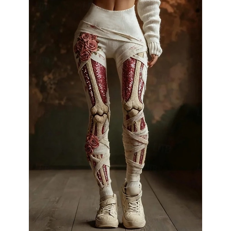 Women's Leggings Vacation Vintage Fashion Full Length High WaistPantsHalloween Graphic Skull Halloween Printing Soft Breathable Stretchy Formal Vacation Street Dark-Gray Wine Tan Black Spring Fall3