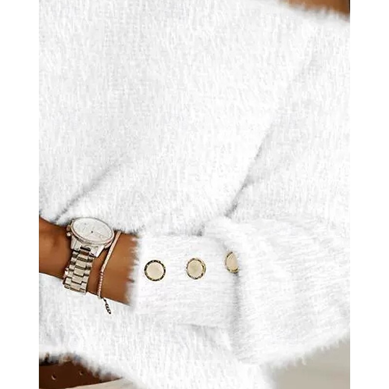Women's Sweater Casual Soft Pure Color Ribbed Crew Neck V Neck Knitted Cold Shoulder Long Sleeve Regular Tops Knit Outdoor Daily Weekend White Fall Winter3