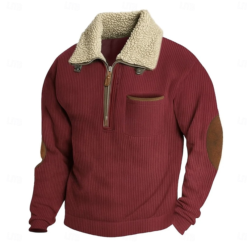 Men's Sweatshirt Corduroy Pullover Hoodie Sweatshirt Pullover Fleece Hoodie Black Wine Army Green Navy Blue Khaki Hooded Standing Collar Lapel Plain Patchwork Sports & Outdoor Casual Daily Streetwear3