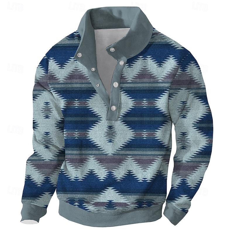 Men's Patchwork Sweatshirt Ethnic Vintage Retro High Neck Outdoor Sports Outdoor Travel Blue Brown Buttons Fall Winter Designer4