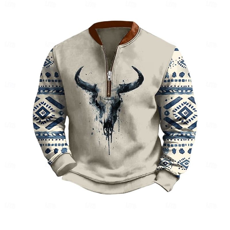 Men's Quarter Zip Sweatshirt Beige Half Zip Cow Tribal Front Pocket Quarter Zip Daily Holiday Going out Polyester Vintage Streetwear Retro Fall Winter Clothing Apparel Hoodies Sweatshirts